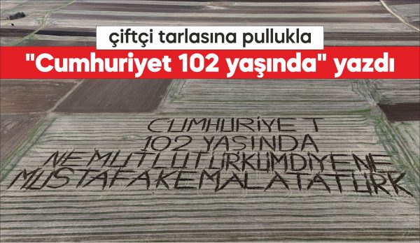 Kırklarelili çiftçi tarlasına pullukla toprağa iz bırakarak "Cumhuriyet 102 yaşında,