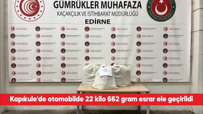 Kapıkule Sınır Kapısı’nda bir otomobilde 22 kilo 662 gram esrar
