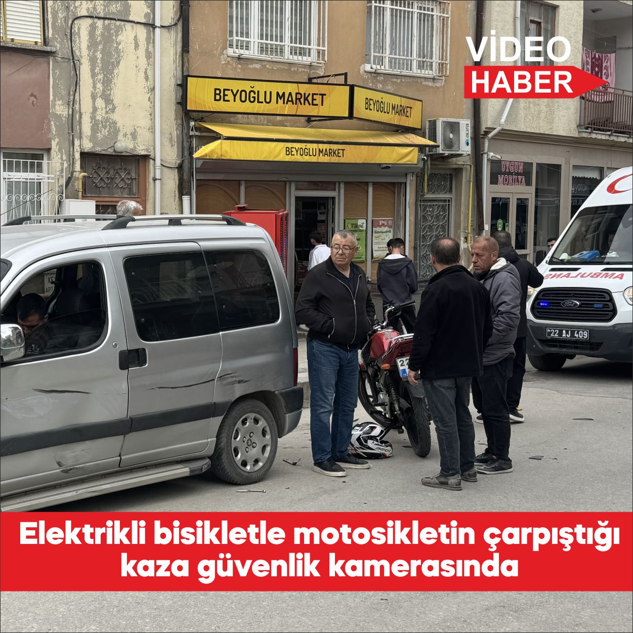Edirne’de elektrikli bisikletle motosikletin çarpıştığı kaza güvenlik kamerasınca kaydedildi. U.G.