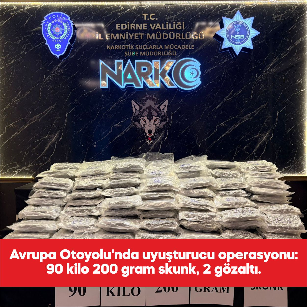 Edirne’de bir araçta 90 kilo 200 gram skunk ele geçirildi.
