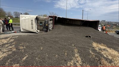 Tekirdağ’da devrilen ayçiçeği yüklü tır, Tekirdağ-Muratlı kara yolunda ulaşımın aksamasına